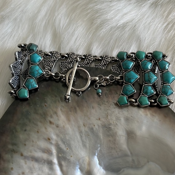 Lucky Brand turquoise and silver wide multitiered Cuff chain bracelet - Picture 10 of 12